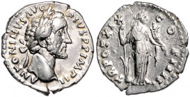 Rom - Kaiserzeit Antonius Pius 138-161 Denar 155-156 ANTONINVS AVG PIVS PP IMP II, Kopf mit Lorbeerkranz nach rechts / TR POT XIX COS IIII, Fortuna st...