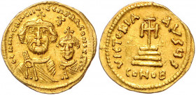 Byzanz Heraclius 610-641 Solidus Konstantinopel (616-625) dd NN hERACLIVS ET hERA CONST PP [AVG] Büsten von Heraclius und Heraclius Constantinus mit K...