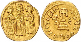 Byzanz Heraclius 610-641 Solidus Konstantinopel (639-641) Heraclius, Heraclius Constantinus und Heraclonas je mit Kreuzkrone und Kreuzglobus / VICTORI...