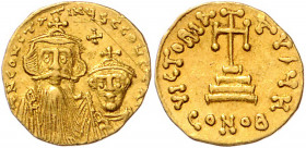 Byzanz Constans II. 641-668 Solidus Konstantinopel (654-659) dN CONSTANTIN4S C CONSTA [NTINV] Büsten von Constans II. und Constantinus IV. mit Kreuzkr...