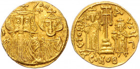 Byzanz Constans II. 641-668 Solidus Konstantinopel (661-663) [DN] AN Büsten von Constans mit Kreuzfederhelm und Constantinus IV. mit Kreuzkrone, darüb...