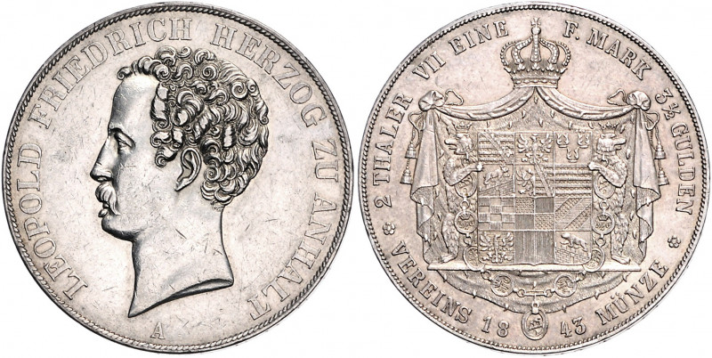 Anhalt - Dessau Leopold Friedrich 1817-1871 Doppeltaler 1843 Kahnt 12. Dav. 508....