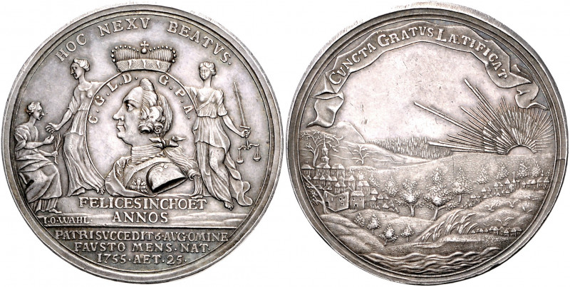 Anhalt - Köthen Karl Georg Lebrecht 1755-1789 Silbermedaille 1755 (v. J.O. Wahl)...