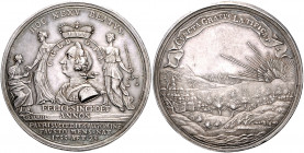 Anhalt - Köthen Karl Georg Lebrecht 1755-1789 Silbermedaille 1755 (v. J.O. Wahl) auf seinen Regierungsantritt Mann 505. 
kl.Rf. u.Kr., 48,9mm 43,3g s...