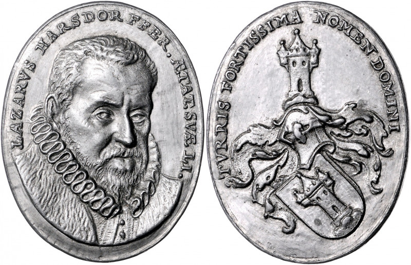 Nürnberg - Stadt Ovale Blei-Gussmedaille 1588 (v. Stör) auf den Ratsherrn Lazaru...