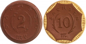 Nebengebiete - Sachsen Satz o.J. von 7 Stücken Böttger Steinzeug: 20 Pfennig, 50 Pfennig, 1 Mark u. 2 Mark 1921 und 5 Mark, 10 Mark u. 20 Mark mit Gol...