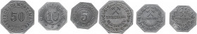 Notgeld Elsass Algringen (Algrange) Satz o.J. bestehend aus 5 , 10 und 50 Pfennig o.J. Kleingeldersatzmarke der Gemeinde, Zn, 8-eckig Funck 8.1, 2a,3b...