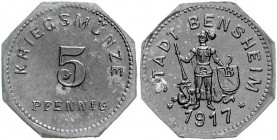 Notgeld Hessen Bensheim 5 Pfennig 1917 Kriegsmünze der Stadt, Zn, 8-eckig, ungelocht Funck 34.1. Menzel 1739. 1. 
l. fleckig ss-vz