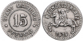 Notgeld Hessen Marburg Satz o.J. bestehend aus: 1 Pfennig, 2 Pfennig, 2 Pfennig (gelocht), 10 Pfennig (8-eckig), Fe 1917 und 15 Pfennig 1919 Kleingeld...