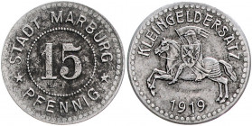 Notgeld Hessen Marburg Lot von 13 Stücken: Kleingeldersatz der Stadt, Fe, 1917, 1 Pfennig, 2 Pfennig, 3x 2 Pfennig(gelocht), 7x 10 Pfennig (8-eckig) u...