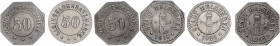 Notgeld Hessen Melsungen Lot von 3 Stücken: Kleingeldersatzmarke der Stadt, Fe, 2x 50 Pfennig (8-eckig) 1918 und 50 Pfennig (mit Perlkreis)1920. Funck...