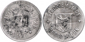 Notgeld Pfalz Bergzabern 50 Pfennig 1917 Kriegs-Notmünze der Stadt, Fe, Vs. immer mit Stempelriss Funck 37.6. Menzel 1804. 6. 
korr., fleckig ss
