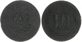 Notgeld Sachsen Grünhain 10 Pfennig o.J. der Stadt, aus schwarzer Pappe, Auflage 1000 Stück Funck 177.3. Menzel 9896. 3. 
 vz