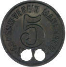 Notgeld Sachsen-Coburg Manebach 5 Mark o.J. Wertmarke des Consum- Vereins, einseitig geprägt, unten 5 mm doppelt gelocht, Zn Menzel 16159 .7. 
 vz