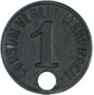 Notgeld Sachsen-Coburg Manebach 1 Mark o.J. Wertmarke des Consum- Vereins, einseitig geprägt, unten gelocht, Zn Menzel 16159 .8. 
 vz