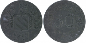 Notgeld Westfalen Beckum Satz 1917 bestehend aus: Kleingeldersatzmarke der Stadt, Zn, 2x 5 Pfennig (1x gelocht), 10 u. 50 Pfennig Funck 31.1, 2,3,4. M...