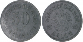 Notgeld Württemberg Aalen Lot von 3 Stücken: Kriegsmünze der Stadtgemeinde, Zn, 5, 10 und 50 Pfennig 1917 Funck 2.1, 2,3. Menzel 100.1 ,2,3. 
 vz