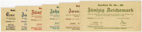 Notgeld Württemberg Nürtingen Serie 1945 von 5 Scheinen des Kreisverbandes, 1, 2, 5, 10, 20 und 50 Mark, 10. April 1945, entwertet Tieste 05.01 -.06. ...