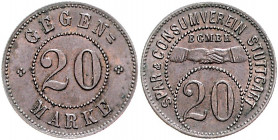 Notgeld Württemberg Stuttgart 20 Pfennig o.J. des Spar- u. Consumvereins, Gegenmarke, Cu Menzel 24573 .1. 
 vz