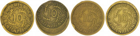 Weimarer Republik Lot von 4 Fehlprägungen: 10 Rentenpfennig 1924 stark dezentriert, 1924 J leichter Schrötling und 2x 1924 D mit Randverprägungen J. 3...