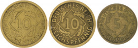 Weimarer Republik Lot von 3 Fehlprägungen: 5 Reichspfennig 1925 A glatter Rand, 10 Reichspfennig 1925 J schwach ausgeprägter Riffelrand und 10 Reichsp...