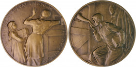 Erster Weltkrieg Bronzemedaille 1915 (v. Devreese) auf die Versorgung deutscher Kriegsgefangener in Belgien Lefébure 529. Devreese 111. 
55,1mm 56,0g...