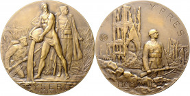 Erster Weltkrieg Bronzemedaille 1918 (v. Charles Samuel) auf die Schlachten von Yser und Ypres Col. Numismatic 211.5. 
70,4mm 103,3g selten vz-st