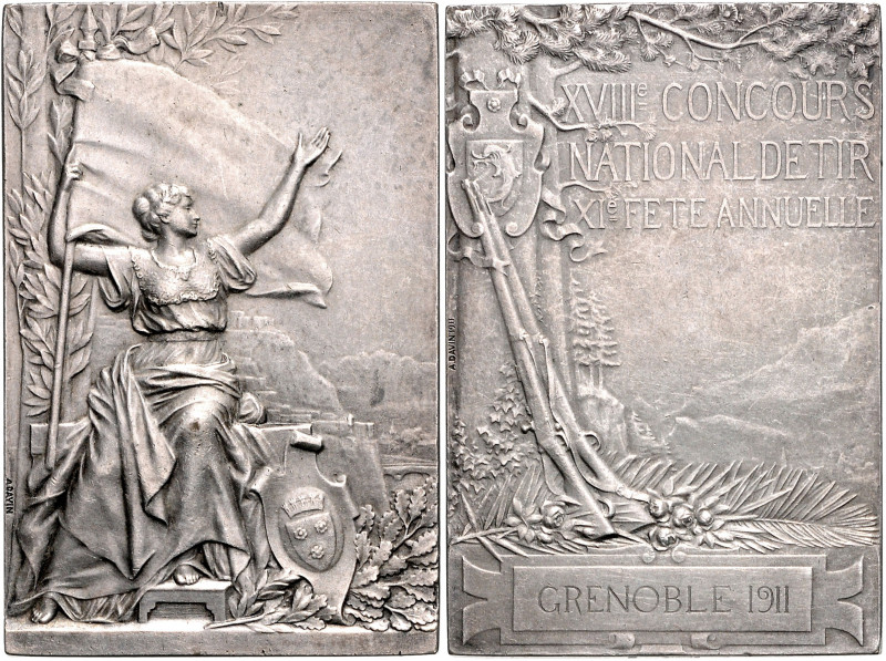 Schützenmedaillen - Frankreich Versilberte Bronzeplakette 1911 (v. Davin) auf de...