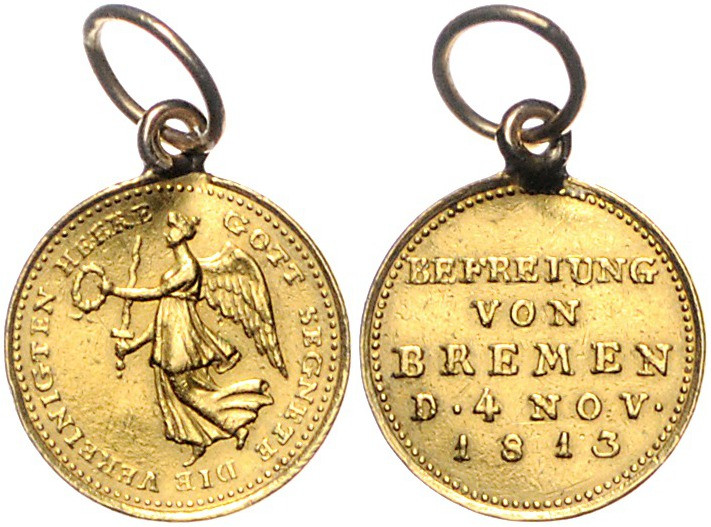 Allgemeine Medaillen 'Goldener Siegespfennig' 1813 (unsign. von Loos) auf die Be...