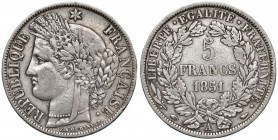 FRANCIA Seconda Repubblica (1848-1852) 5 Franchi 1851 A- Gad. 719 AG (g 24,83) Colpi al bordo.

BB