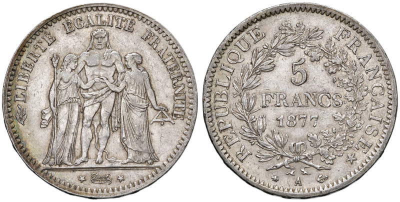 FRANCIA Terza Repubblica (1871-1940) 5 Franchi 1877 Parigi - Gad. 745a AG (g24,9...