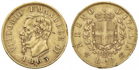 Vittorio Emanuele II (1861-1878) 10 Lire 1863 T Ø 18,74 mm - Nomisma 871 AU Colpetto al bordo, modesti depositi.

BB
