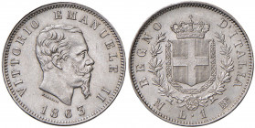 Vittorio Emanuele II (1861-1878) Lira 1863 M stemma - Nomisma 913 AG

qFDC