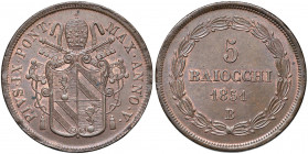 Bologna - Pio IX (1846-1870) - 5 Baiocchi 1851 Anno V - D/ Stemma sormontato da chiavi e tiara R/ Valore e data entro corona di lauro - Gig. 175 Cu (3...