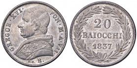 Roma - Gregorio XVI (1831-1846) - 20 Baiocchi 1837 Anno VII - D/ Busto del Papa a sinistra con zucchetto R/ Valore e data tra due rami d'ulivo legati ...