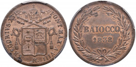 Roma - Gregorio XVI (1831-1846) - Baiocco 1838 Anno VIII - D/ Stemma sormontato da chiavi e tiara R/ Valore e data tra due rami d'ulivo, legati in bas...