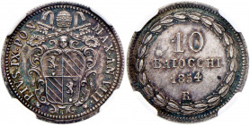 Roma - Pio IX (1846-1870) - 10 Baiocchi 1854 Anno VIII - D/ Stemma sormontato da chiavi decussate e tiara R/ Valore e data entro corona di alloro - Gi...