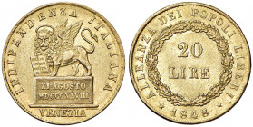 Venezia - Governo Provvisorio (1848-1849) - 20 Lire 1848 - D/ INDIPENDENZA ITALIANA Leone alato di San Marco su piedistallo che reca la scritta XI AGO...