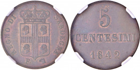 Savoia - Carlo Alberto (1831-1849) - 5 Centesimi 1842 Torino - Gig.158 Cu R - Raro stato di conservazione - In slab NGC MS62 BN
 
qFDC-FDC