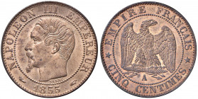 Francia - Napoleone III (1852-1870) - 5 centesimi 1855 A "Testa di cane" - KM# 777.1 Cu (4,85 g)
 
FDC
