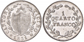 Svizzera - Ticino - 1/4 Franco 1835 - KM# 7 Ag (2,27 g) - Conservazione eccezionale con fondi a specchio
 
FDC-FS