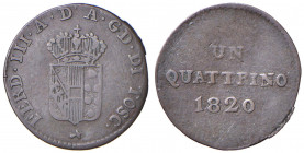 Firenze - Ferdinando III di Lorena (1814-1824) Secondo periodo - Quattrino 1820 - Mir 442/2 Gig. 71 Cu (0,94 g) R
 
BB