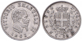 Vittorio Emanuele II (1861-1878) - 50 Centesimi 1863 Milano"Stemma"- Gig. 74 Ag (2,51 g) R
 
BB-SPL
