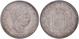 Umberto I (1878-1900) - 50 centesimi 1892 Roma - Gig. 43 Ag RR - Sigillata Gianfranco Erpini SPL
 Sfregature al diritto 
SPL
