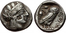 Attica, Athens, AR stater (Silver, 25,3 mm, 16,61 g), ca. 420-380 BC. Obv: Helmeted head of Athena with countermark (W) on cheek. 
Rev: ΑΘΕ Owl stand...