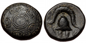 Macedonian Kingdom, anonymous issues, AE 14 half unit (bronze, 4,49 g, 14 mm) Miletos or Mylasa mint (336-323 BC) Obv: Macedonian shield with dot in t...