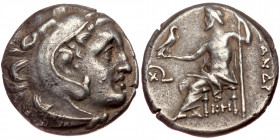 Macedonian Kindgdom AR Drachm (Silver, 4.16g, 15mm) Civic issue in the name and types of Alexander III of Macedon (Circa 300 BC). Mylasa Mint
Obv: He...