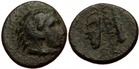 Macedonian Kindgdom, Alexander III (336-323 BC) or diadochoi, AE (Bronze, 12,0 mm, 1,00 g), 4th-3rd centuries BC. Obv: Head of Herakles in lion-skin h...