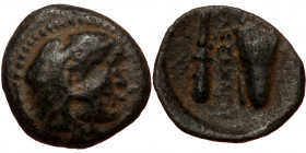 Macedonian Kindgdom, Alexander III (336-323 BC) or diadochoi, AE (Bronze, 12,9 mm, 1,30 g), 4th-3rd centuries BC. Obv: Head of Herakles in lion-skin h...