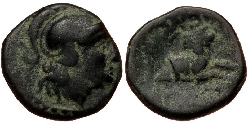 Kings of Thrace,. Lysimachos (305-281 BC) AE (Bronze, 1.82g, 13mm)
Obv: Helmete...